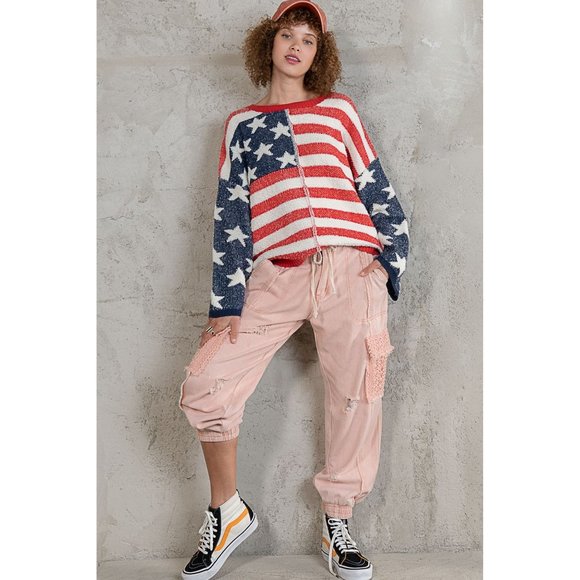 POL Red Blue Soft Stars Stripe Pattern Fleece Relaxed Fit Pullover Sweater - Picture 9 of 9